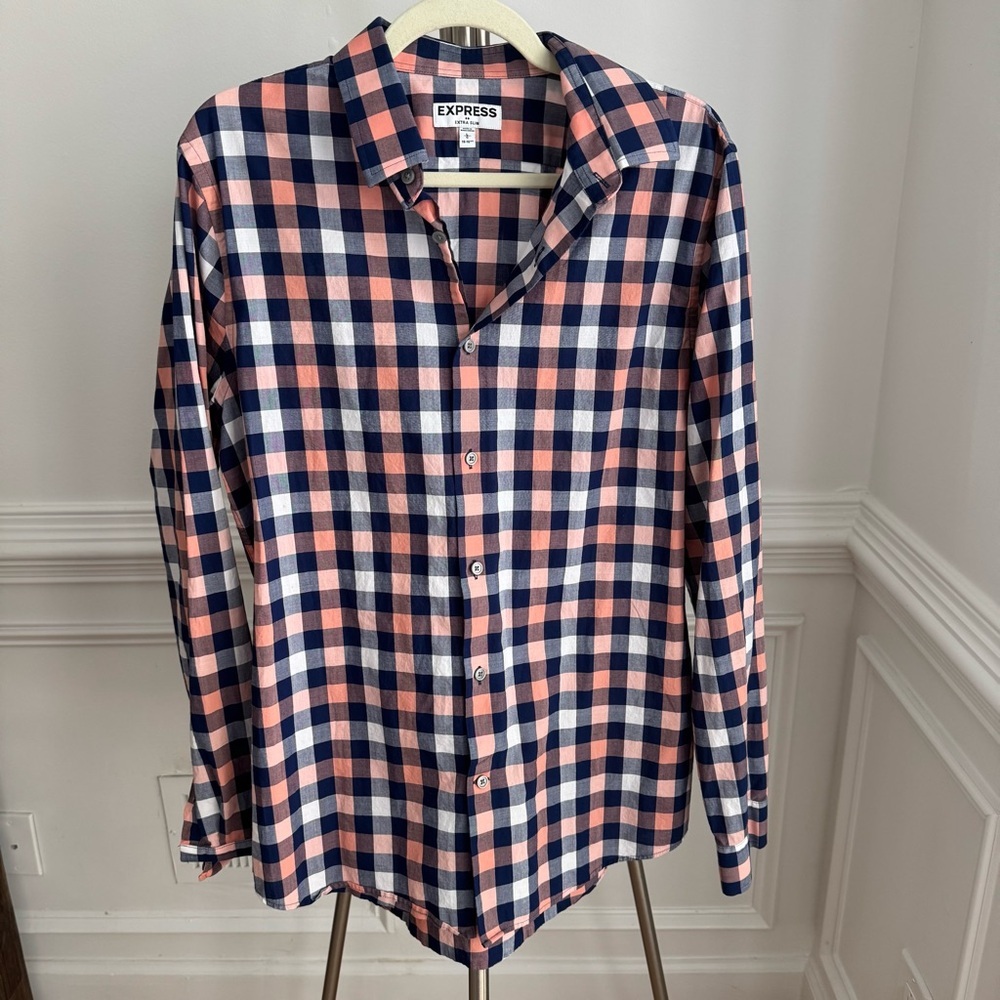 Express Men's Casual Navy and Coral Plaid Long Sleeve Shirt Size L /16-16 1/2